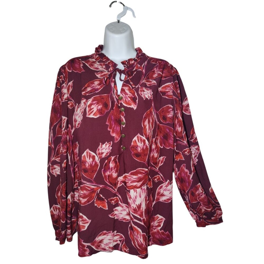 Christopher & Banks Red Floral Long Sleeve Ruffle Neck Popover Blouse Top L NWOT